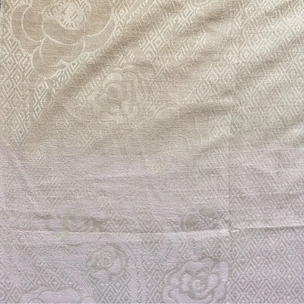 Cashmere Reversible Scarf Beige Tan Floral Jacquard Fringe Wrap